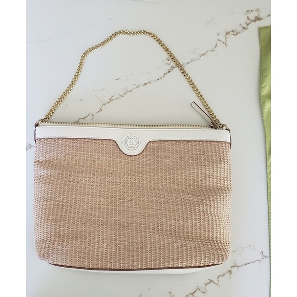 Nanette Lepore Woven Straw Crossbody Bag Gold Chain Strap Beige White Trim - Picture 6 of 8